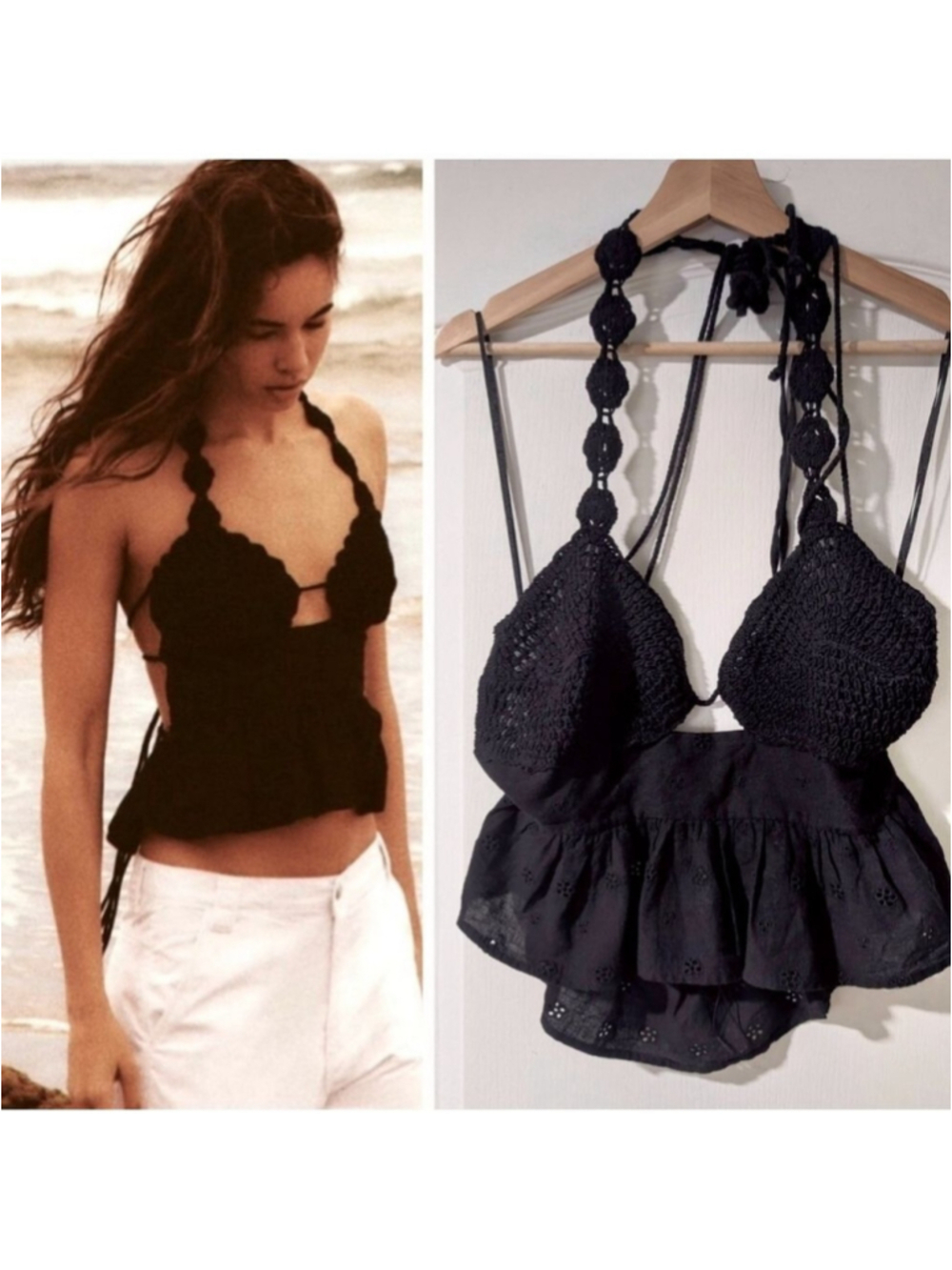 NEW! Zara | Crochet Peplum Halter Crop Top In Black